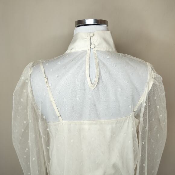 Express Tie Neck Blouse Polka Dot Sheer Mesh Ivory Off White - Picture 10 of 11